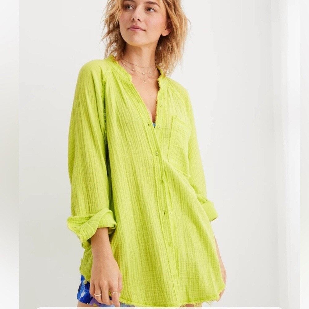 Aerie Neon Green Pool to Party Gauze Button-down Cover-up Boho Beach Shirt XS - Picture 2 of 9
